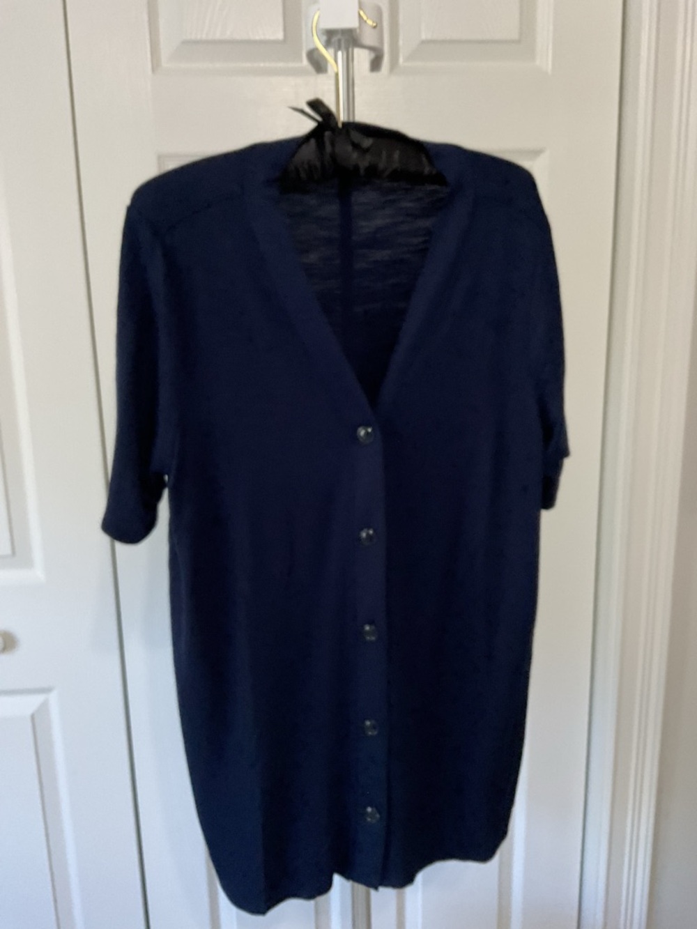 Susan Graver Navy Short-Sleeve Button Cardigan Sweater